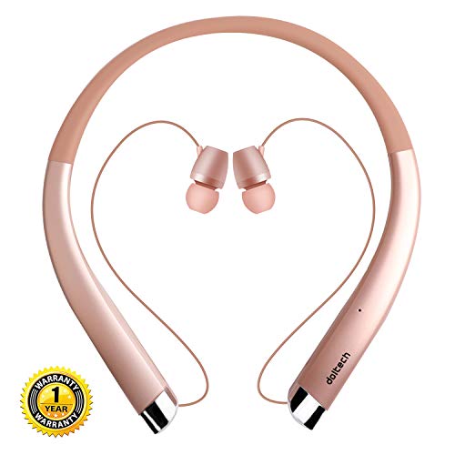 Product Cover Bluetooth Headphones, DolTech Wireless Neckband Headset with Auto Retractable Earbuds, Sports Sweatproof Noise Cancelling Stereo Earphones with Mic (Rose Gold)