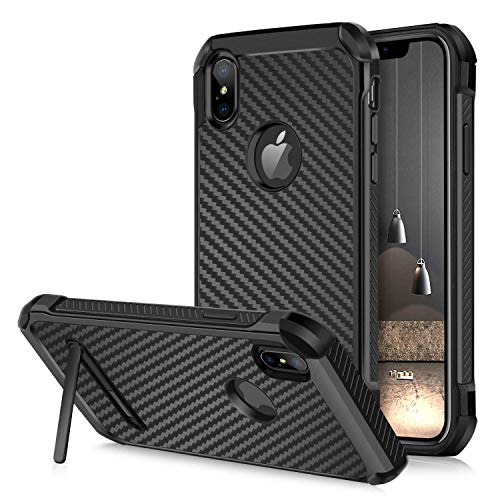 Product Cover iPhone Xs Max Case, DUEDUE Shockproof 2 in 1 Kickstand Carbon Fiber Texture Slim Hybrid Hard PC Cover PU Leather TPU Bumper Full Body Protective Case for iPhone Xs Max/6.5'' for Men/Boys,Black