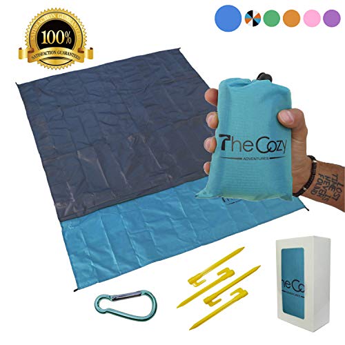 Product Cover TheCozy Adventures Sand Free Compact Beach Blanket - Pocket Picnic Sheet Outdoor Multiple Use | Best Mat Travel & Festivals, Soft & Quick Drying 4 Portable Hiking Sticks (Ocean Blue)