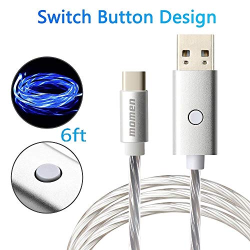 Product Cover USB C Charger Cable, Momen Type C Cable Fast Charging 6FT, Light Up LED Fast Charger for Samsung Galaxy Note 9 8 S8 S9 S10 Plus S10e,Google Pixel,Nintendo Switch,Nexus,LG V30 V20 G6 5 (Blue Light)