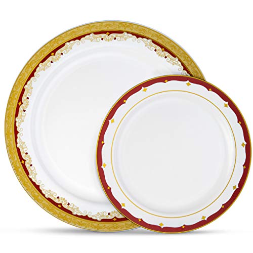 Product Cover Laura Stein Party Plates Set of 64 Disposable Combo Set, Plastic Dishes, White Plates With 3 Tone Rim/Border Gold & Burgundy Includes 32 10.75'' inch Plates & 32 7.5'' inch Plates Vintage Series