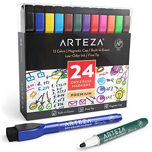 Product Cover ARTEZA Magnetic Dry Erase Markers with Eraser, Pack of 24 (with Fine Tip), 12 Assorted Colors with Low-Odor Ink, Whiteboard Pens is perfect for School, Office, or Home
