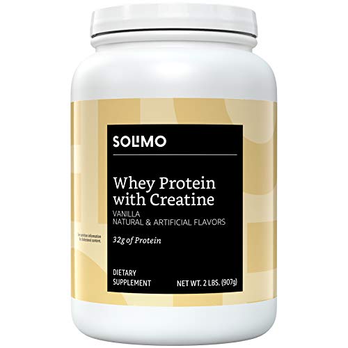 Product Cover Amazon Brand - Solimo Whey Protein Powder with BCAA + Creatine Blend, Vanilla, 32g Protein, 2.6g BCAA blend, 5 Pound Value Size (44 Servings)