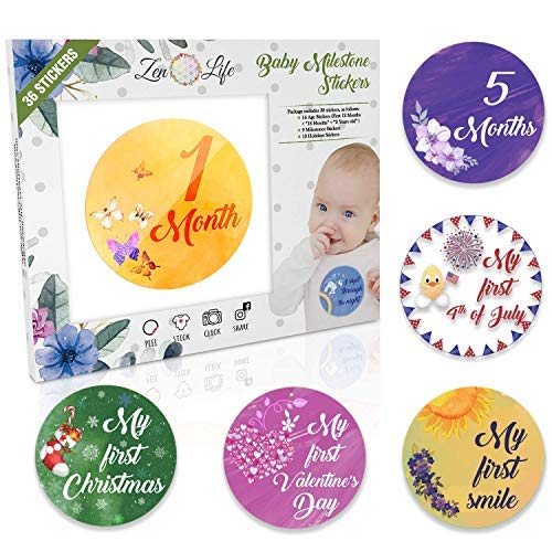 Product Cover Zen Life Creations Premium Baby Monthly Stickers - 36 Pack | 14 Baby Age Stickers + 9 Baby Milestone Stickers + 13 Baby Holiday Stickers | Size Adjusted to Babyâ'¬â