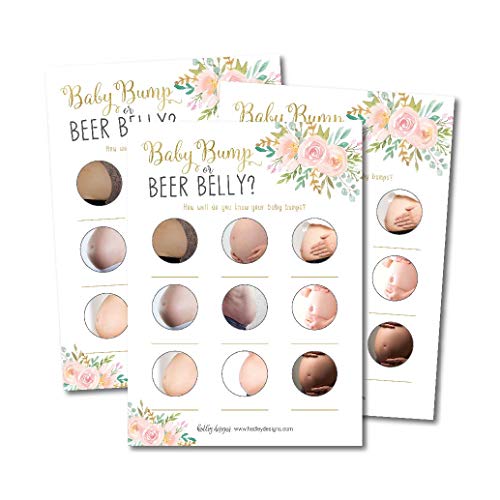 Product Cover 25 Floral Beer Belly or Pregnant Bump Fun Baby Shower Game Idea For Girl or Boy Cute Pink Gender Neutral Party, Funny Activity Questions at Reveal Bundle, For Kids, Mom, Dad, Women Men Coed Unisex Set