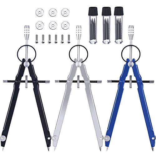 Product Cover 3 Pieces Math Compass Metal Geometry Compass for Math, Drafting, Drawing Student Compass with Spare Leads and Screws (Black/Silver/Blue)