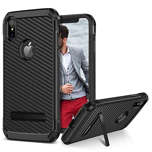 Product Cover BENTOBEN iPhone Xs Max Case, Kickstand Design Slim 2 in 1 Heavy Duty Shockproof Hybrid Soft TPU Bumper Hard PC Cover with Carbon Fiber Texture Protective Case for Apple iPhone Xs Max 6.5'', Black
