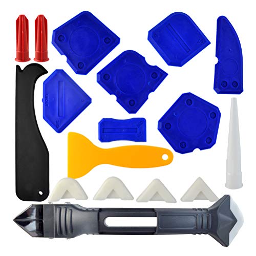 Product Cover 18 Pieces Caulking Tool Kit, Wobe 3 in 1 Caulking Tools Silicone Sealant Finishing Tool Grout Scraper Caulk Remover Caulk Nozzle Caulk Caps 5 Replaceable Pads for Bathroom Kitchen Sealing (Blue)