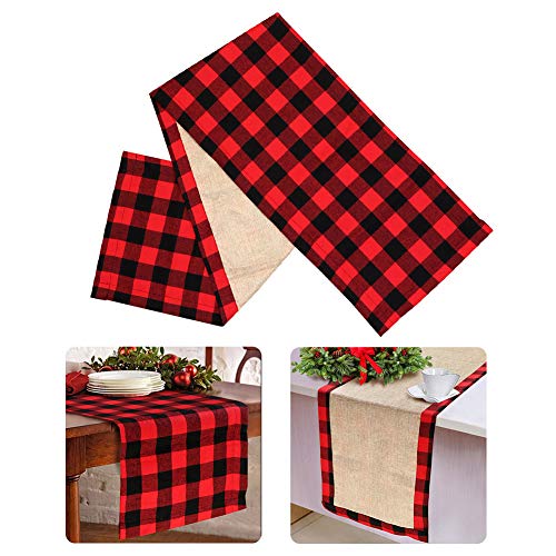 Product Cover PartyTalk Christmas Table Runner Red Black Cotton Buffalo Check Plaid and Burlap Double Sided Table Runner for Holiday Winter Home Decorations, 14 x 72 Inch