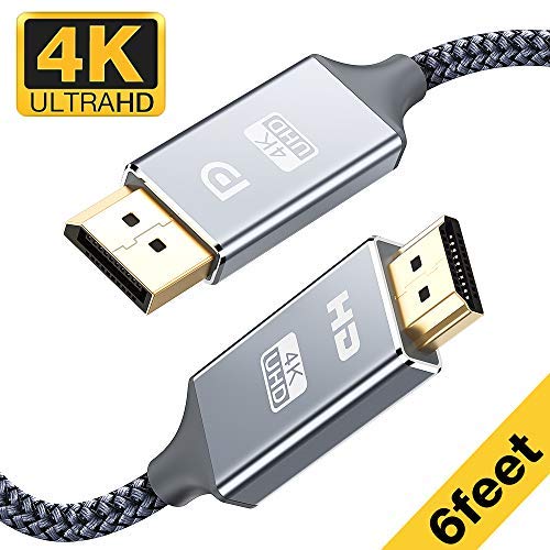 Product Cover Capshi DisplayPort to HDMI Cable - 6 Ft 4K UHD Nylon Braided Gold-Plated DP-to-HDMI Unidirectional Cord DP to HDMI Male Chords Display Port to HDTV Monitor Video CableDP Ports to HDMI Ports Connector