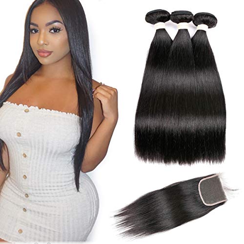 Product Cover Beauhair Brazilian Straight Virgin Hair 3 Bundles With Closure Free Part (14 16 18 with 14inch), Grade 7A 100% Unprocessed Remy Human Hair Extensions, Hair Weft Weave With Lace Closure, Natural Color