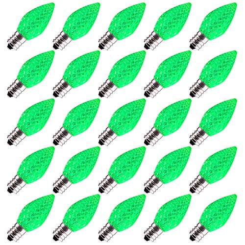 Product Cover Brightown 25 Pack C7 LED Replacement Christmas Light Bulb, C7 Shatterproof LED Bulbs for Christmas String Lights, E12 Candelabra Base, Commercial Grade Dimmable Holiday Bulbs, Green