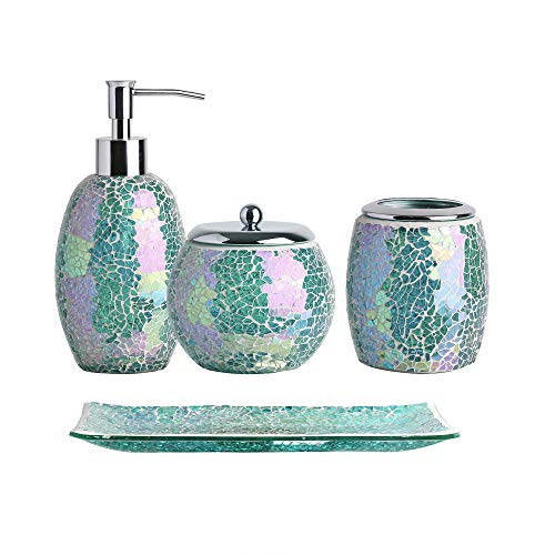 Product Cover Whole Housewares 4-Pieces Bathroom Accessory Set Bright-Colored Mosaic Glass Bath Ensemble-Lotion Dispenser/Toothbrush Holder/Cotton Jar/Vanity Tray (Green)