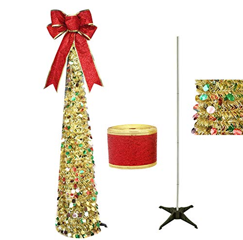 Product Cover Awtlife Gold 5ft Pop up Christmas Tinsel Tree,Gorgeous Collapsible Artificial Christmas Tree and Ribbon for Xmas Decora
