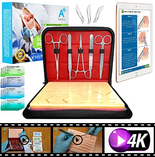 Product Cover Complete Suture Practice Kit for Medical Students w/ How-To Suture HD Video Course, Suture Training Manual & Carryall Case. All-in-One A Plus Medics kit incl. suture practice pad. (Education Use Only)