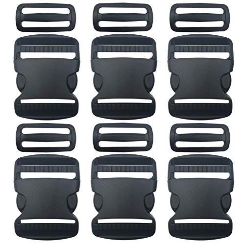 Product Cover 6 Set 2 Inch Flat Dual Adjustable Plastic Quick Side Release Plastic Buckles and Tri-Glide Slides for Luggage Straps Pet Collar Backpack Repairing (Black, Fit for 2