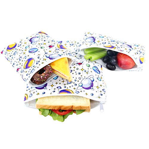 Product Cover Langsprit Premium Reusable Sandwich & Snack Bags-Washable Lunch Bags - Set of 3 - (Planet)