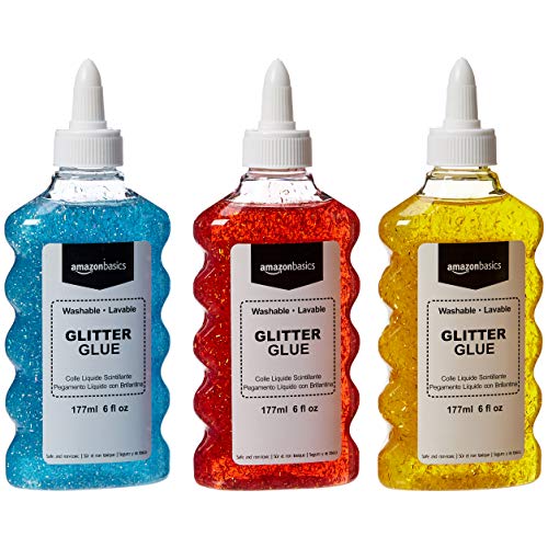 Product Cover AmazonBasics Liquid Washable Glitter Glue, Assorted Colors (Red/Yellow/Blue), 6 oz. Each, 3-Count