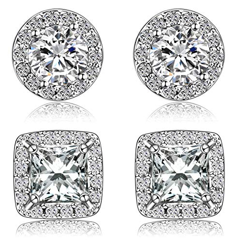 Product Cover Quinlivan Duo 2 Pairs Premium Halo Stud Earrings 10mm, Round Princess Cut Cubic Zirconia Earrings Sets Lightweight for Women, Girls