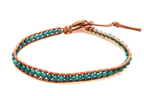 Product Cover Infinityee888 Turquoise Anklet Bracelet Woven with Light Brown Leather Cord Handmade Hippie Bohemian Unisex Anklet for Men, Women MJTQL1