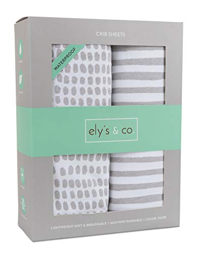 Product Cover Waterproof Crib Sheet | Toddler Sheet no Need for Crib Mattress Pad Cover or Protector I Taupe Splash and Stripes by Ely's & Co.