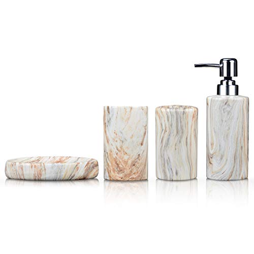 Product Cover Fimary Marble Bathroom Accessories Set Ceramic - Including 4 Piece White Marble Bathroom Accessories Set Soap Dispenser, Toothbrush Holder, Tumbler, Soap Dish, The Best Gift Choice