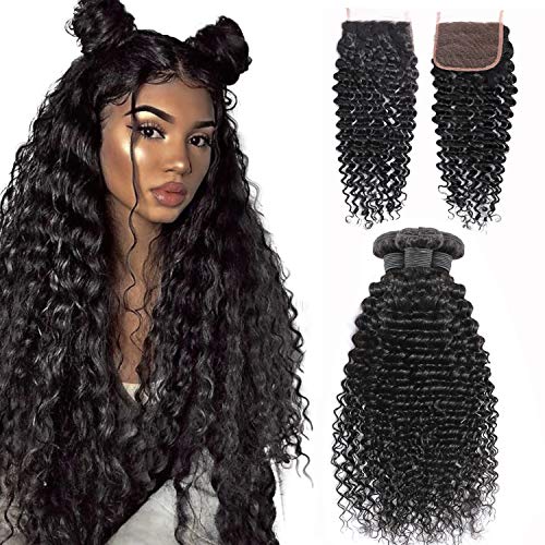 Product Cover Brazilian Deep Wave Bundles with Closure 20 22 24+18 Unprocessed Virgin Human Hair Deep Curly Bundles with Free Part Lace Closure Natural Black(20 22 24+18 Closure)