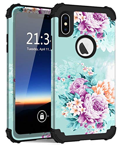 Product Cover PIXIU for iPhone Xs Max case,3 in 1 Hybrid Hard PC Soft Rubber Heavy Duty Rugged Shockproof Protective Phone Cover for iPhone Xs Max 6.5 Inch 2018 Released Peonies Floral