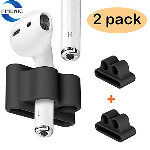 Product Cover FINENIC Airpods Watch Band Holder, Shock Resistant Silicone Holder, Portable Anti-Lost Airpods Accessory, Compatible for Apple Airpod 1/2 (Black + Black)【2 Pack】