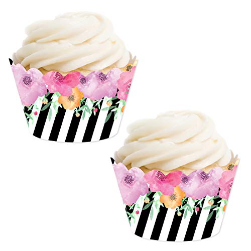 Product Cover Andaz Press Party Cupcake Wrapper Decorations, Pink Floral Flowers with Black and White Stripes, 24-Pack, for Girls 1st Birthday Baby Bridal Shower Tea Party Themed Decorations