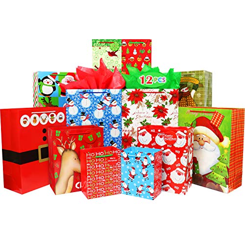 Product Cover Christmas Gift Bags Bulk Set Includes 4 Extra Large 4 Large 4 Medium with Handles Christmas Print Gift Bags Assorted Sizes for Wrapping Holiday Gifts (Variety Pack)