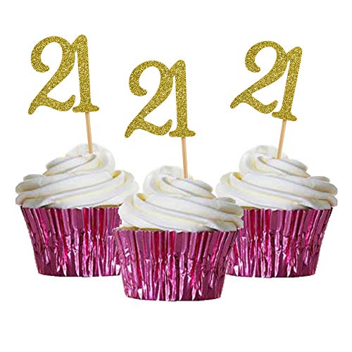 Product Cover HOKPA 21st Birthday Cupcake Toppers, Gold Glitter Number 21, Adult Ceremony Birthday Celebrating Anniversary Party Decoration (24PCS)