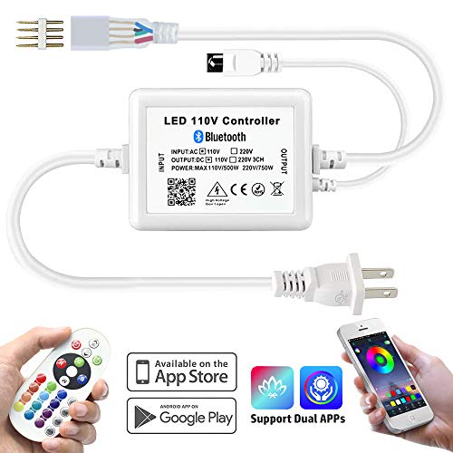 Product Cover AC 110V High-Voltage LED Bluetooth Color Changing RGB Controller with IR Remote and Music Time APP Control System for 90Ft AC110~130V Waterproof LED Tape Lights - Home Decoration, Outdoor Lighting