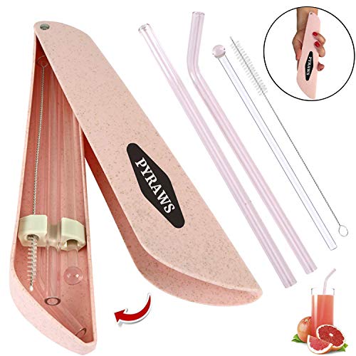Product Cover PYRAWS Eco Friendly Reusable Glass Straws - 200 mm x 8 mm Straw Case Set, Muddler Stick Private Portable Case Included, Bubble Tea and Milkshakes, Tea, Juice, Water, 4 Fun Color Option (Pink)