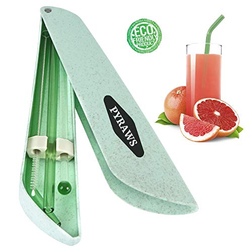 Product Cover PYRAWS Glass Smoothies Straws Bubble Tea - 8 inch x 8 mm, Cleaning Brush, Portable Case, Healthy, Shatter Resistant, Hot Drinks, Travel Straw Set, Reusable Drinking Straw Case Set (Green)