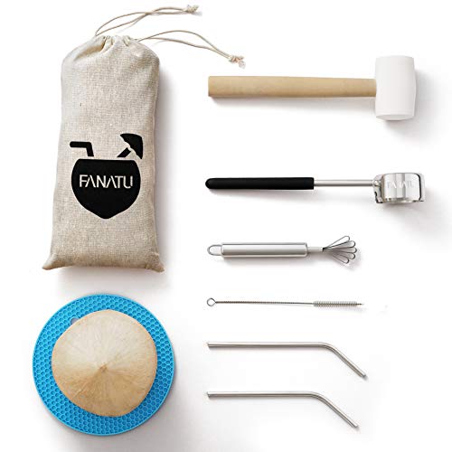 Product Cover Coconut Opener Set for Young Coconut - Coconut Opener Kit by FANATU - Premium Stainless Steel Coconut Opener Tool & Strong Rubber Hammer - Straw & Brush & Silicone Mat - ALL IN ONE Carry Bag