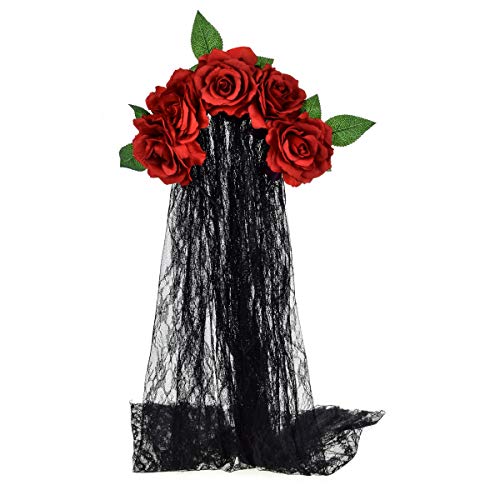 Product Cover June Bloomy Day of the Dead Headpiece Rose Floral Crown Veil Halloween Costume Mexican Headband (Burgundy)
