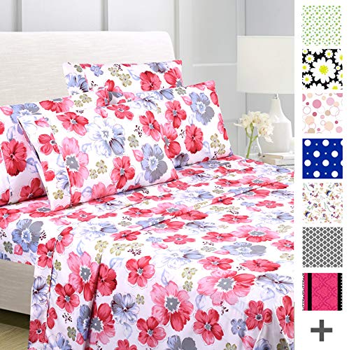 Product Cover American Home Collection Deluxe 6 Piece Printed Sheet Set of Brushed Fabric, Deep Pocket Wrinkle Resistant - Hypoallergenic (Queen, Red Floral)