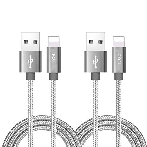 Product Cover RoFI Phone Charger Cable, [2Pack 2 Feet] Nylon Braided Fast Charging USB Cord 0.6M Compatible Phone X 8 8 Plus 7 7 Plus 6s 6s Plus 6 6 Plus 5 5S 5C SE Air Mini and Car Display (Silver)