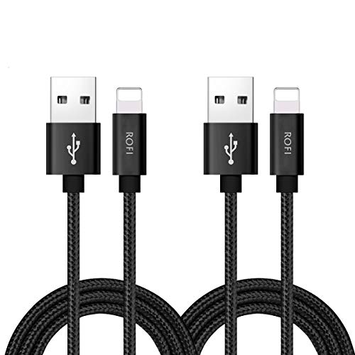 Product Cover RoFI Phone Charger Cable, [2Pack 2 Feet] Nylon Braided Fast Charging USB Cord 0.6M Compatible Phone X 8 8 Plus 7 7 Plus 6s 6s Plus 6 6 Plus 5 5S 5C SE Air Mini and Car Display (Black)