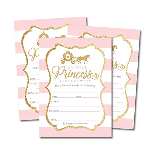 Product Cover 25 Little Princess Baby Shower Invitations, Pink & Gold Sprinkle Invite for Girl, Modern Gender Theme On Her Way, Cute Printed Fill or Write in Blank Printable Card Unique Coed Party Supplies