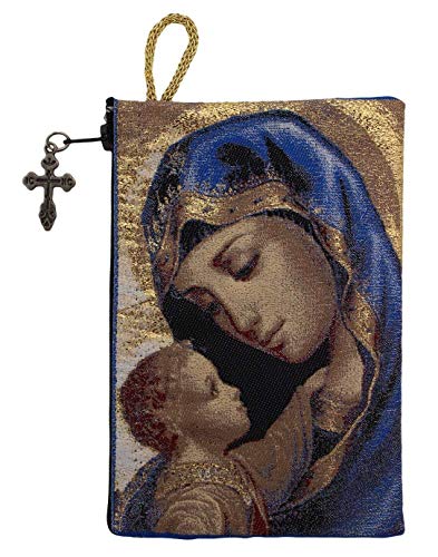 Product Cover Intercession Hand-Woven, Lined Madonna and Child Rosary Pouch, Made in Turkey with Premium Metallic Thread (Red - Large)