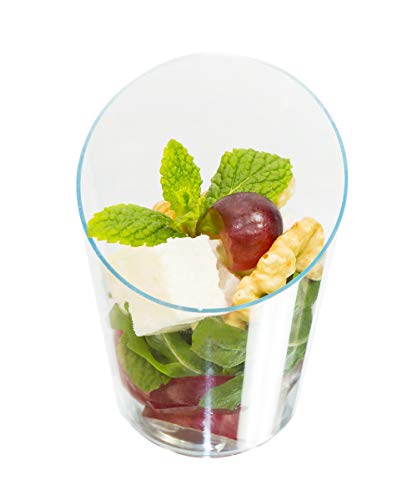 Product Cover Open Cut Slanted Round Dessert Cups - 3 ounce - 40 Count -Spoons Included-Clear Plastic-Slanted Cylinder Mini Dessert Cup- Appetizer Cup-Sample Shot Glass -Disposable