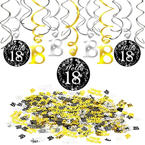 Product Cover 18th Birthday Decoration Black and Gold, Konsait 18th Swirl Birthday Party Hanging Decorations (15 Counts), Happy Birthday & 18th Birthday Party Table Confetti (1.05oz), 18 Years Old Party Supplies
