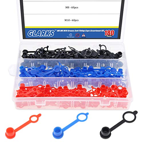 Product Cover Glarks 180-Pieces M6(Red) M8(Yellow) M10(Black) Grease Zerk Fitting Caps Assortment Kit Brake Bleeder Screw Caps Dust Cover With Keeper