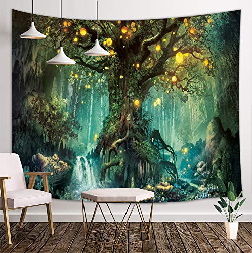 Product Cover KOTOM Forest Fairy Tales Tapestry, Lanterns and Waterfalls Under Fantasy Large Tree Bohemian, Wall Art Hanging Blankets Home Decor for Bedroom Living Room Dorm, 80X60 Inches