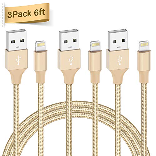 Product Cover Lightning Cable, Quntis 3Pack 6ft Nylon Braided Lightning to USB A Charger Cable Compatible with iPhone Xs Max XR X 8 Plus 7 Plus 6 Plus 5s SE iPad Pro iPod Airpods and More, Gold