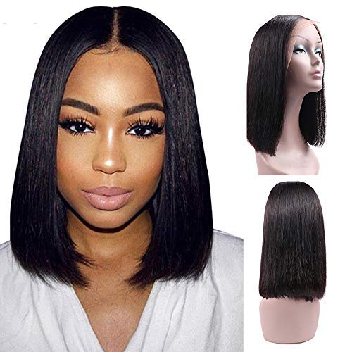 Product Cover Ucrown Hair 13x4 Lace Front Short Bob Wigs Brazilian Straight Human Hair Wigs For Black Women 130% Density Pre Plucked with Baby Hair Natural Black (12inch)