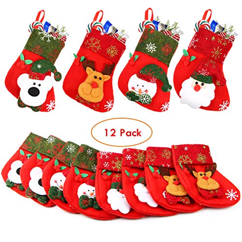 Product Cover Aitey Mini Christmas Stockings, Set of 12 Xmas 3D Character Plush Santa, Snowman, Reindeer, Bear, Bulk Personalized Stocking Felt Red Xmas Tree Decorations