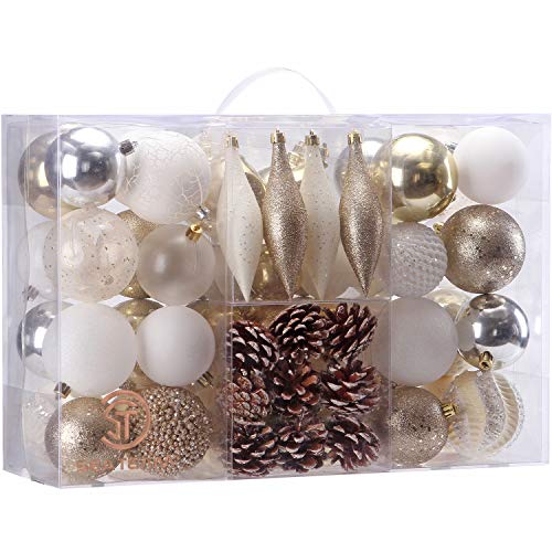 Product Cover Sea Team 73 Pieces of Assorted Shatterproof Christmas Ball Ornaments Set Seasonal Decorative Hanging Ornament Set with Reusable Hand-held Gift Package for Holiday Xmas Tree Decorations, Gold & White